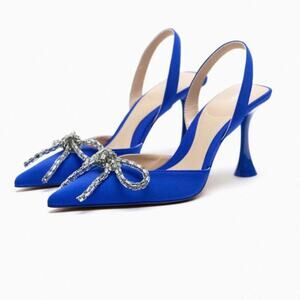 Zara Blue EMBELLISHED BOW HEELED SLINGBACKS
